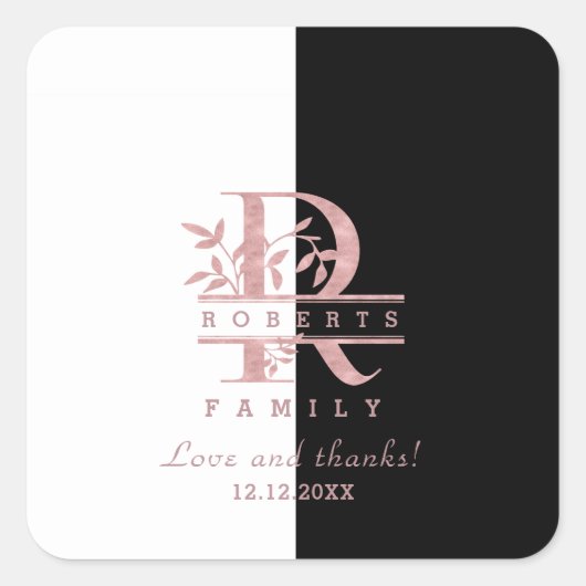 Moderne Roze Gouden Gesplitste Aangepaste Monogram Vierkante Sticker (Voorkant)