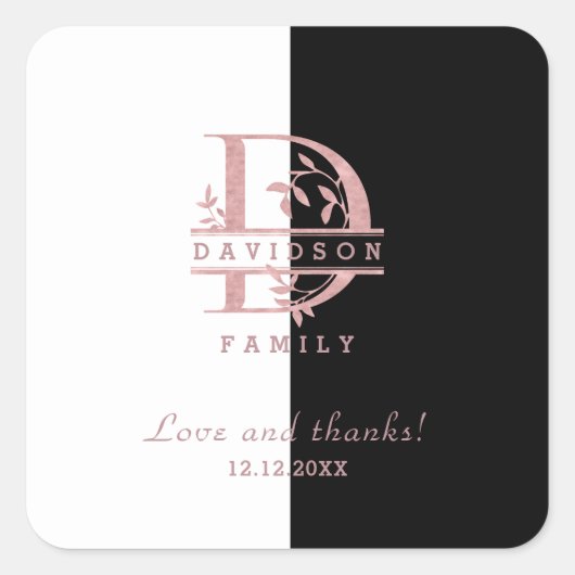 Moderne Roze Gouden Gesplitste Aangepaste Monogram Vierkante Sticker (Voorkant)