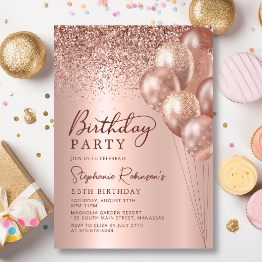 Moderne Roze Gouden Glitter Ballon 55e Verjaardag Kaart