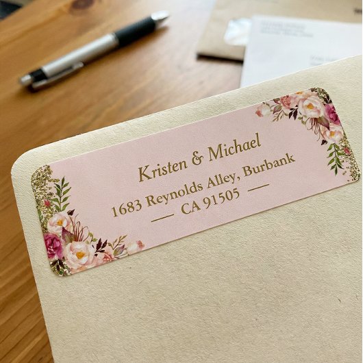 Moderne Roze Gouden Glitter Bloem Etiket