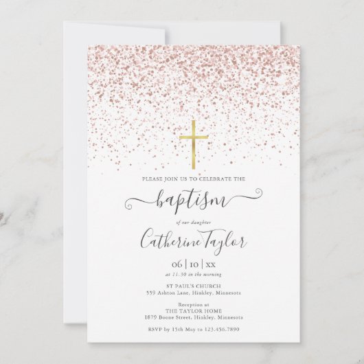 Moderne Roze Gouden Glitter Doop Uitnodiging (Voorkant)