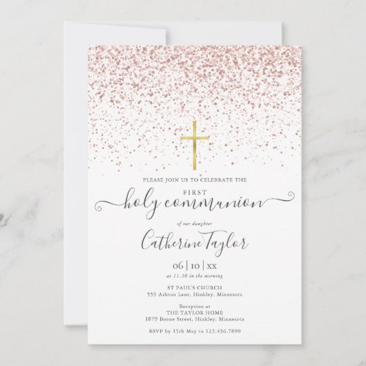 Moderne Roze Gouden Glitter Eerste Heilige Communi Kaart (Voorkant)