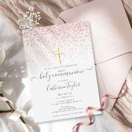 Moderne Roze Gouden Glitter Eerste Heilige Communi Kaart