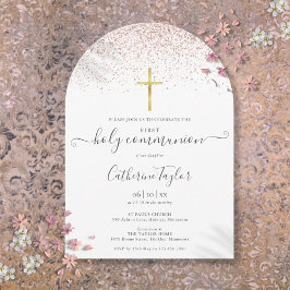 Moderne Roze Gouden Glitter Eerste Heilige Communi Kaart