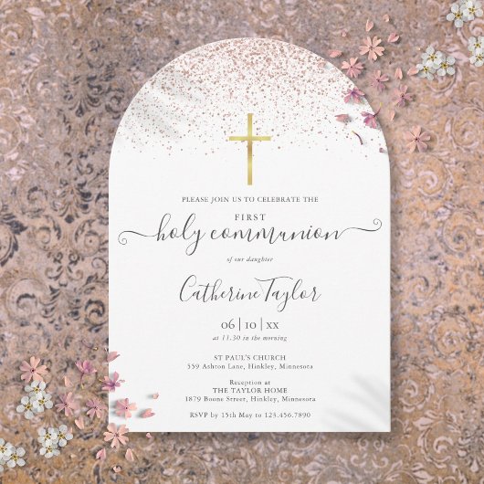 Moderne Roze Gouden Glitter Eerste Heilige Communi Kaart