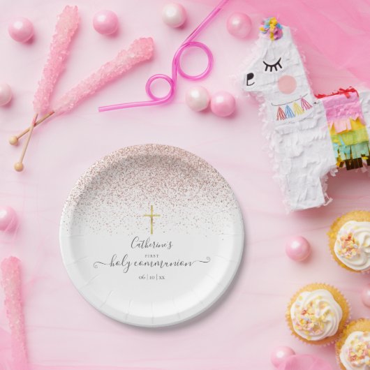 Moderne Roze Gouden Glitter Eerste Heilige Communi Papieren Bordje (Feest)
