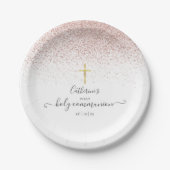 Moderne Roze Gouden Glitter Eerste Heilige Communi Papieren Bordje (Voorkant)