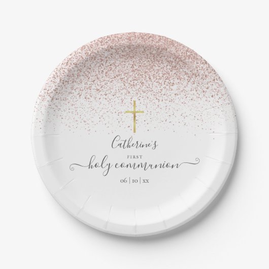 Moderne Roze Gouden Glitter Eerste Heilige Communi Papieren Bordje (Voorkant)