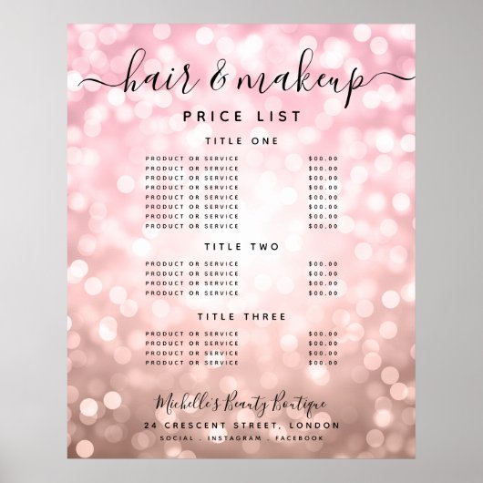 Moderne Roze Gouden Glitter Licht Salon Prijsmenu Poster (Voorkant)