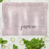 Moderne Roze Gouden Glitter Monogram Naam Script K Theedoek (Gevouwen)