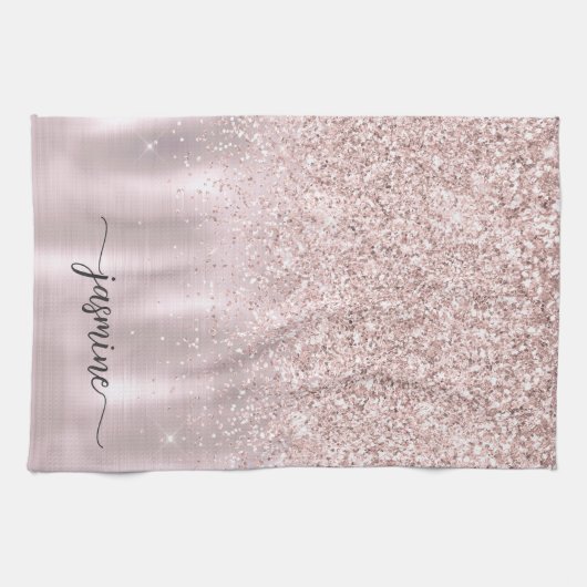 Moderne Roze Gouden Glitter Monogram Naam Script K Theedoek (Horizontaal)