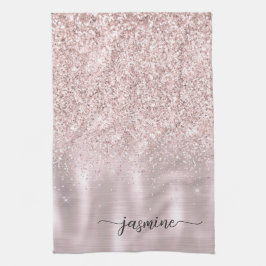 Moderne Roze Gouden Glitter Monogram Naam Script K Theedoek