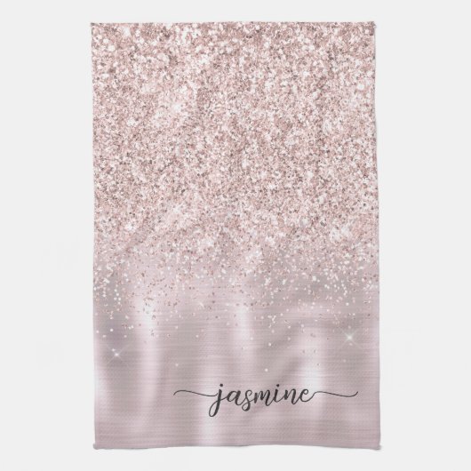 Moderne Roze Gouden Glitter Monogram Naam Script K Theedoek (Verticaal)
