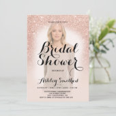 Moderne roze gouden glitter ombre foto bruidsdouch kaart (Staand voorkant)