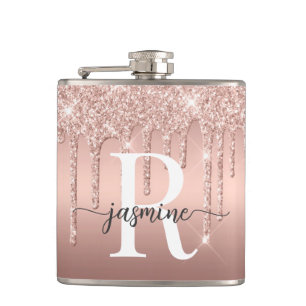 Moderne Roze Gouden Glitter Ombre Metaal Monogram Heupfles