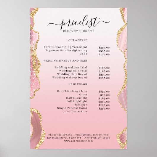 Moderne roze gouden glitter salon Preisliste Poster (Voorkant)