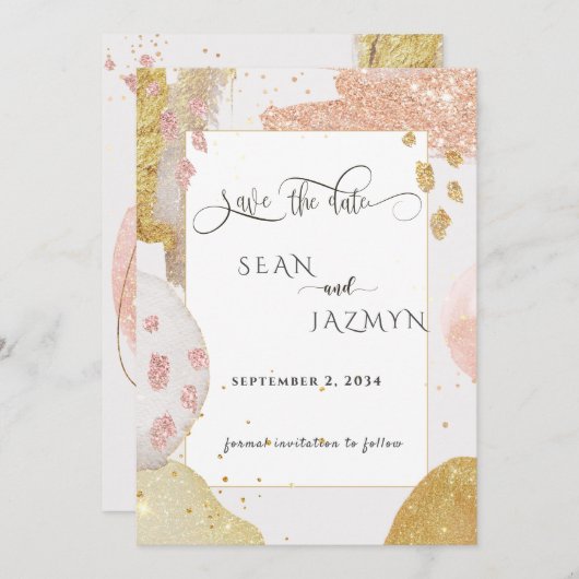 Moderne Roze Gouden Glitter Save The Date Uitnodig Kaart (Voorkant / Achterkant)