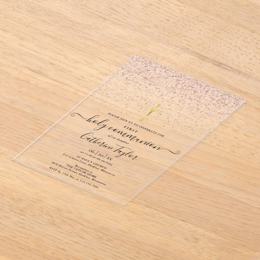 Moderne Roze Gouden Glitters Eerste Heilige Commun Acryl Uitnodigingen (Laagn)