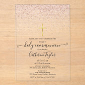 Moderne Roze Gouden Glitters Eerste Heilige Commun Acryl Uitnodigingen (Voorkant)