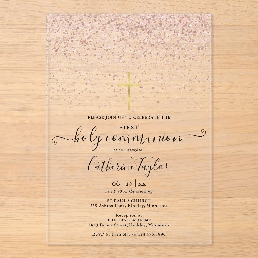 Moderne Roze Gouden Glitters Eerste Heilige Commun Acryl Uitnodigingen (Voorkant)