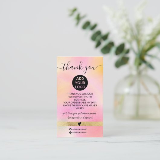 Moderne roze gouden gradiënt logo orde dank u visitekaartje (Staand voorkant)