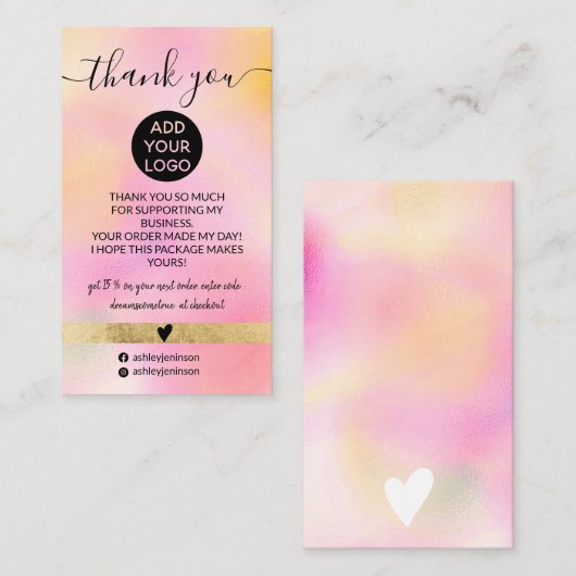 Moderne roze gouden gradiënt logo orde dank u visitekaartje (Voorkant / Achterkant)