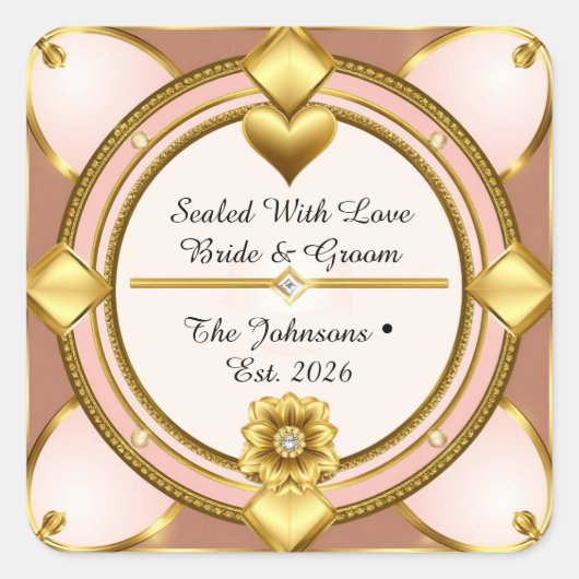 ✨ Moderne Roze Gouden Hart Bruiloft 🖤 Vierkante Sticker (Voorkant)