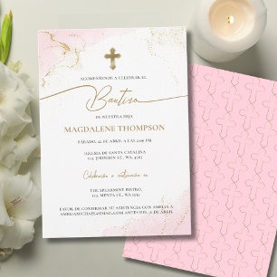 Moderne Roze Gouden Kruis Meisje Doop Bautizo Kaart