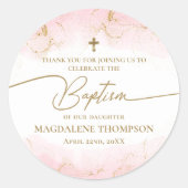 Moderne Roze Gouden Kruis Meisje Doop Ronde Sticker (Voorkant)