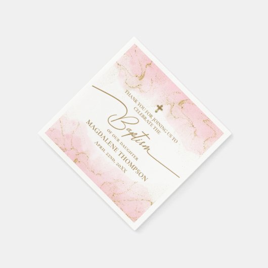 Moderne Roze Gouden Kruis Meisje Doop Servet (Hoek)