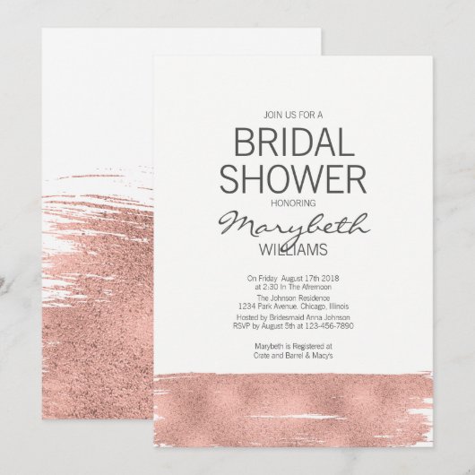 Moderne Roze Gouden Kwaststreek Bruiloft Feestkaar Kaart (Voorkant / Achterkant)