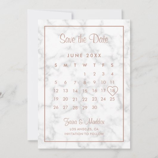 Moderne Roze Gouden Marmeren Kalender Trouw Save The Date (Voorkant)