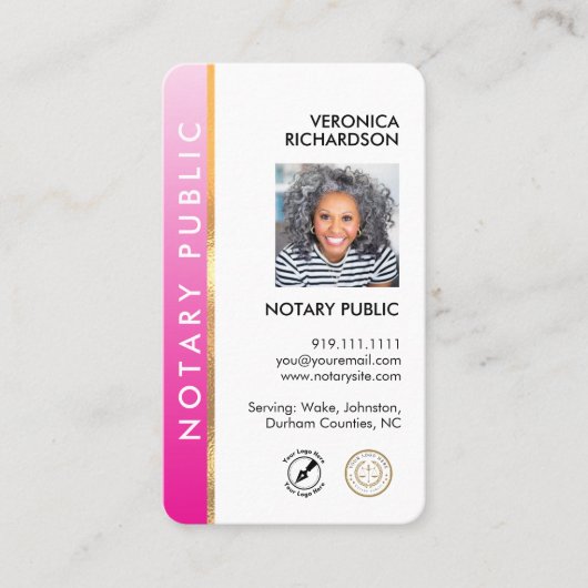 Moderne Roze Gouden Notaris Logo QR Code Foto Visitekaartje (Voorkant)