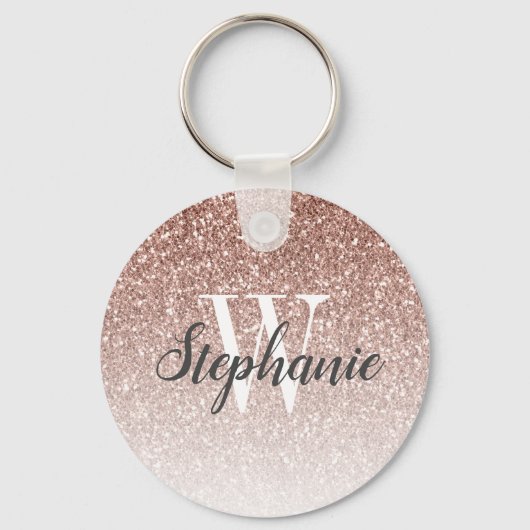 Moderne Roze Gouden Ombre Nep Glitter Monogram Sleutelhanger (Voorkant)