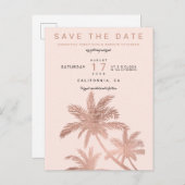Moderne roze gouden palmboom bloost save the date aankondigingskaart (Voorkant / Achterkant)
