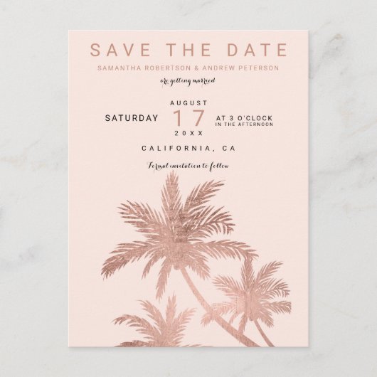 Moderne roze gouden palmboom bloost save the date aankondigingskaart (Voorkant)