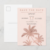 Moderne roze gouden palmboom blozen save the date aankondigingskaart (Voorkant / Achterkant)