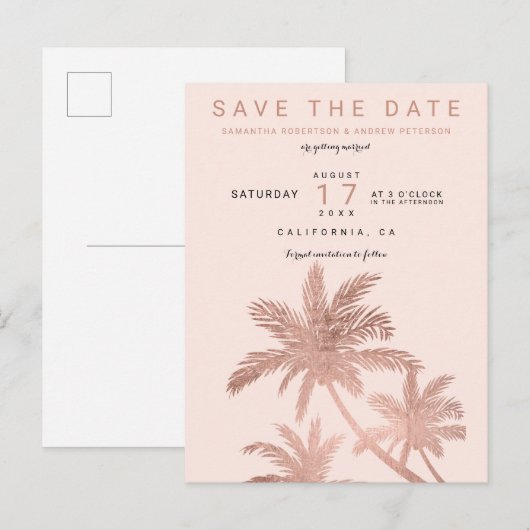 Moderne roze gouden palmboom blozen save the date aankondigingskaart (Voorkant / Achterkant)