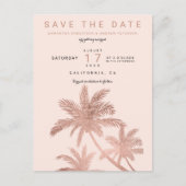 Moderne roze gouden palmboom blozen save the date aankondigingskaart (Voorkant)