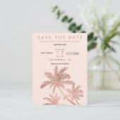 Moderne roze gouden palmboom blozen save the date aankondigingskaart (Staand voorkant)