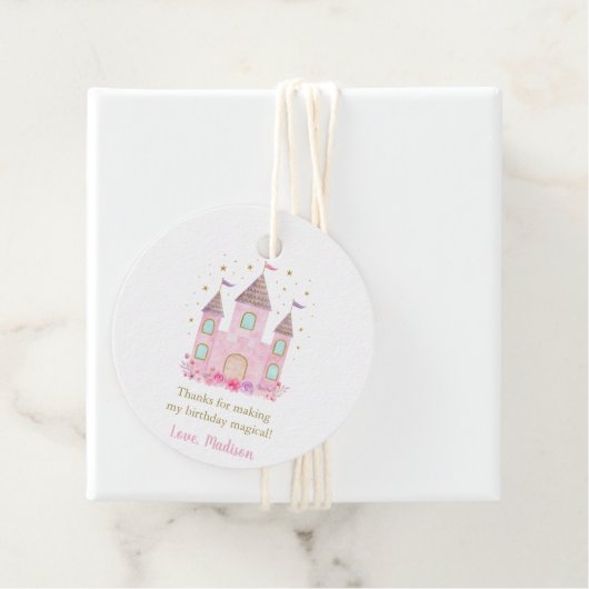 Moderne roze gouden prinses kasteel verjaardag bedankjes labels (In situ)