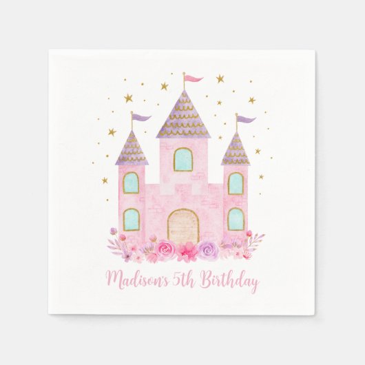 Moderne roze gouden prinses kasteel verjaardag servet (Voorkant)