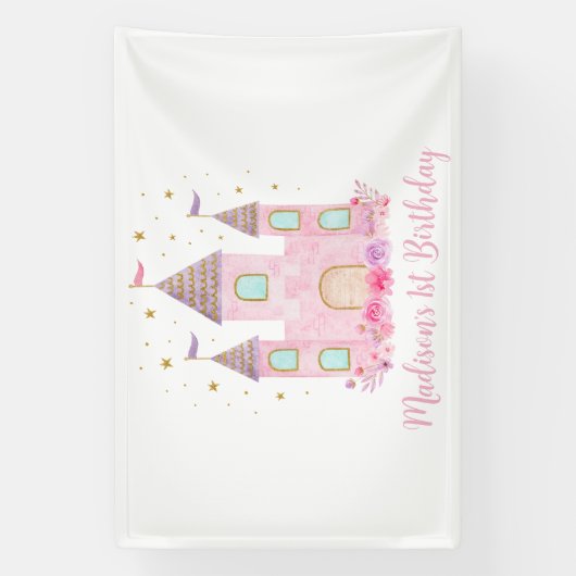 Moderne roze gouden prinses kasteel verjaardag spandoek (Verticaal)