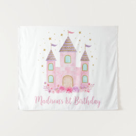 Moderne Roze Gouden Prinsessenkasteel Verjaardag Wandkleed