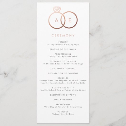 Moderne Roze Gouden Ringen Aangepast Huwelijksprog Programmakaart (Voorkant)