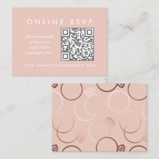 Moderne Roze Gouden Ringen Trouwen Online QR Code  Informatiekaartje (Voorkant / Achterkant)