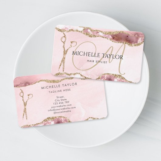 Moderne Roze Gouden Schaar Kapper Monogram Visitekaartje