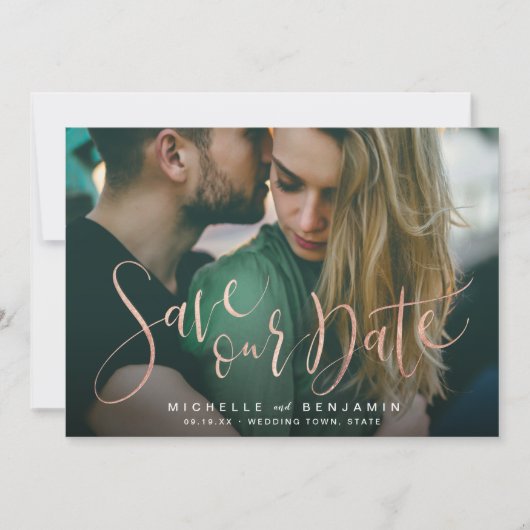 Moderne roze gouden script foto save the date (Voorkant)