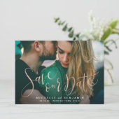 Moderne roze gouden script foto save the date (Staand voorkant)