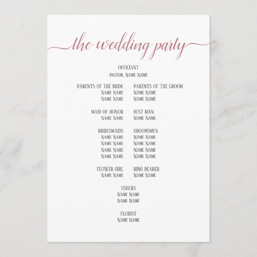 Moderne Roze Gouden Script Minimale Trouwceremonie Programmakaart (Achterkant)